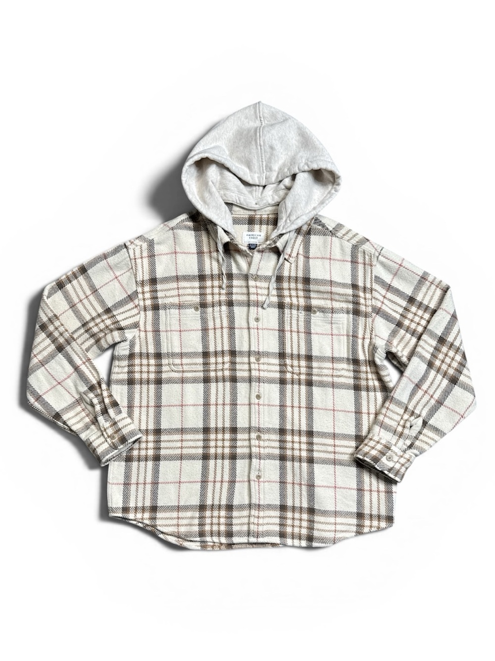 AMERICAN EAGLE HOODED FLANNEL SHIRT FROSTY CREAM PLAID BAJA BUTTON UP SHACKET - Picture 3 of 13